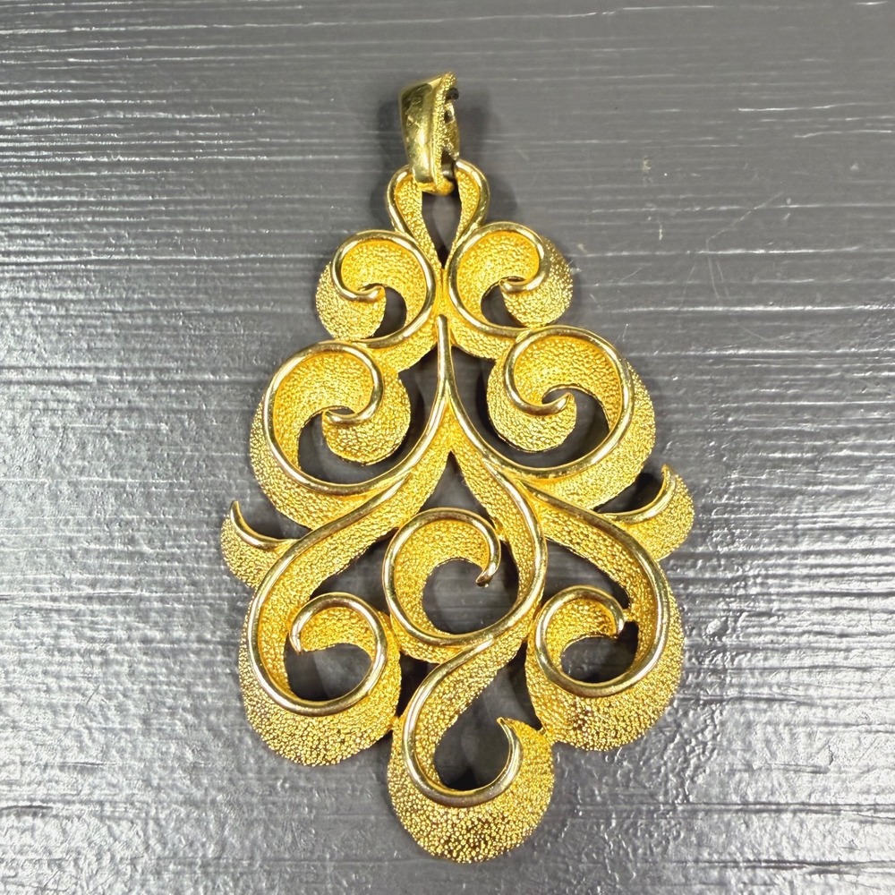 Crown Trifari Vintage Gold Tone Textured Scroll Pendant Statement Jewelry